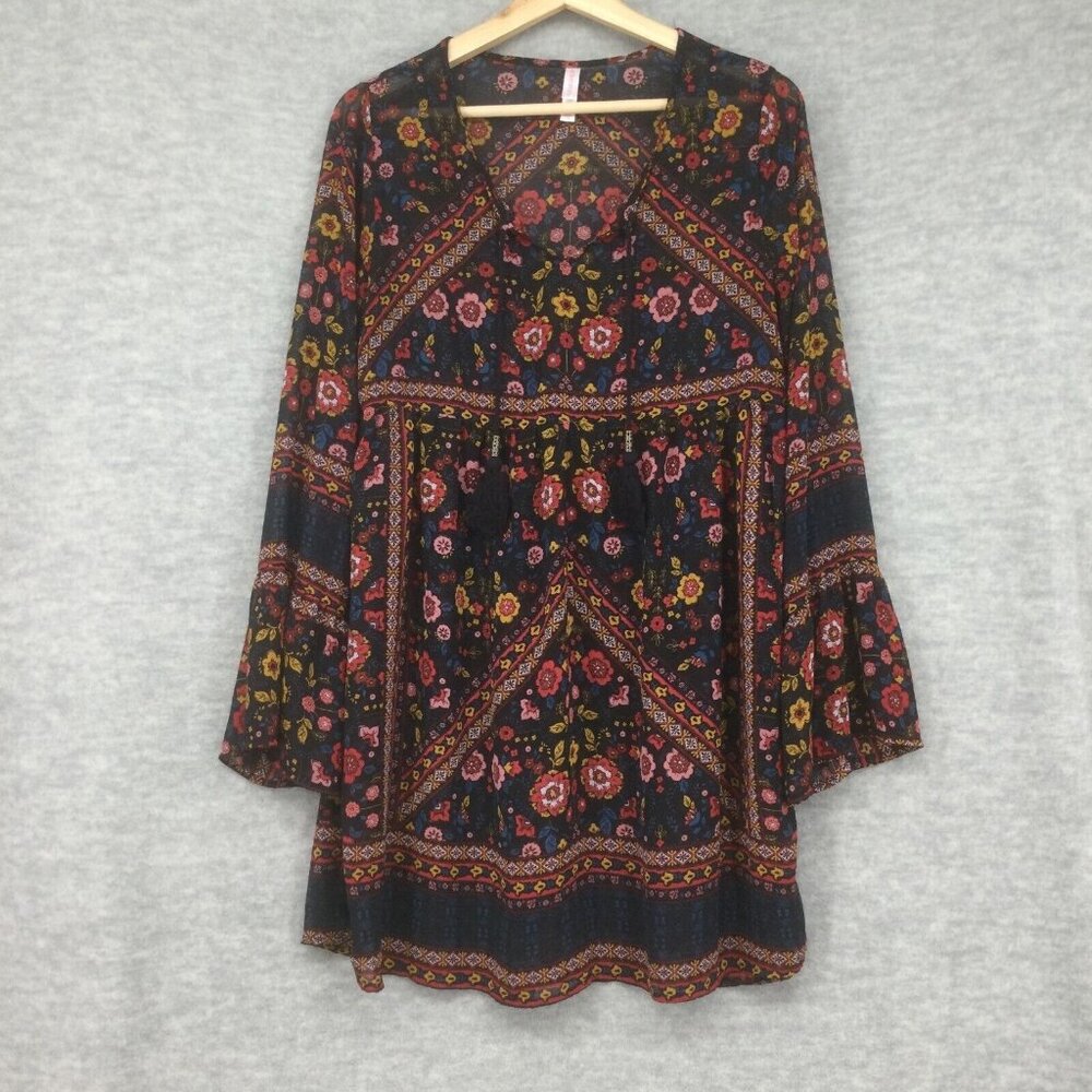 Xhilaration Boho Dress Tunic Medium Floral Peasant Festival Long Sleeve Navy